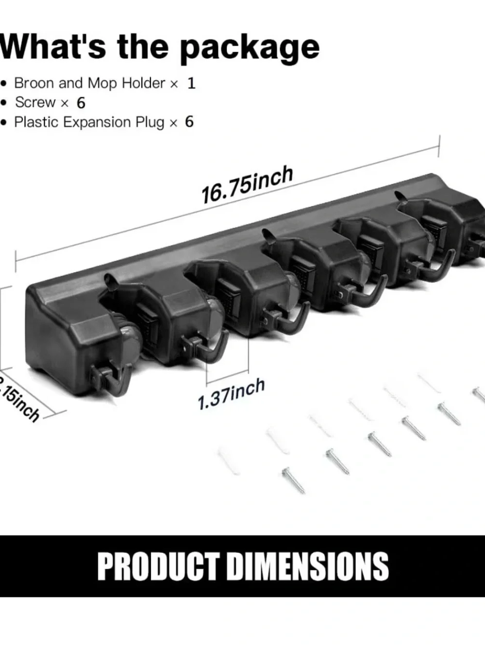 New. Mop and Broom Holder, Wall Mounted Organizer-5 Ball Slots and 6 Hooks